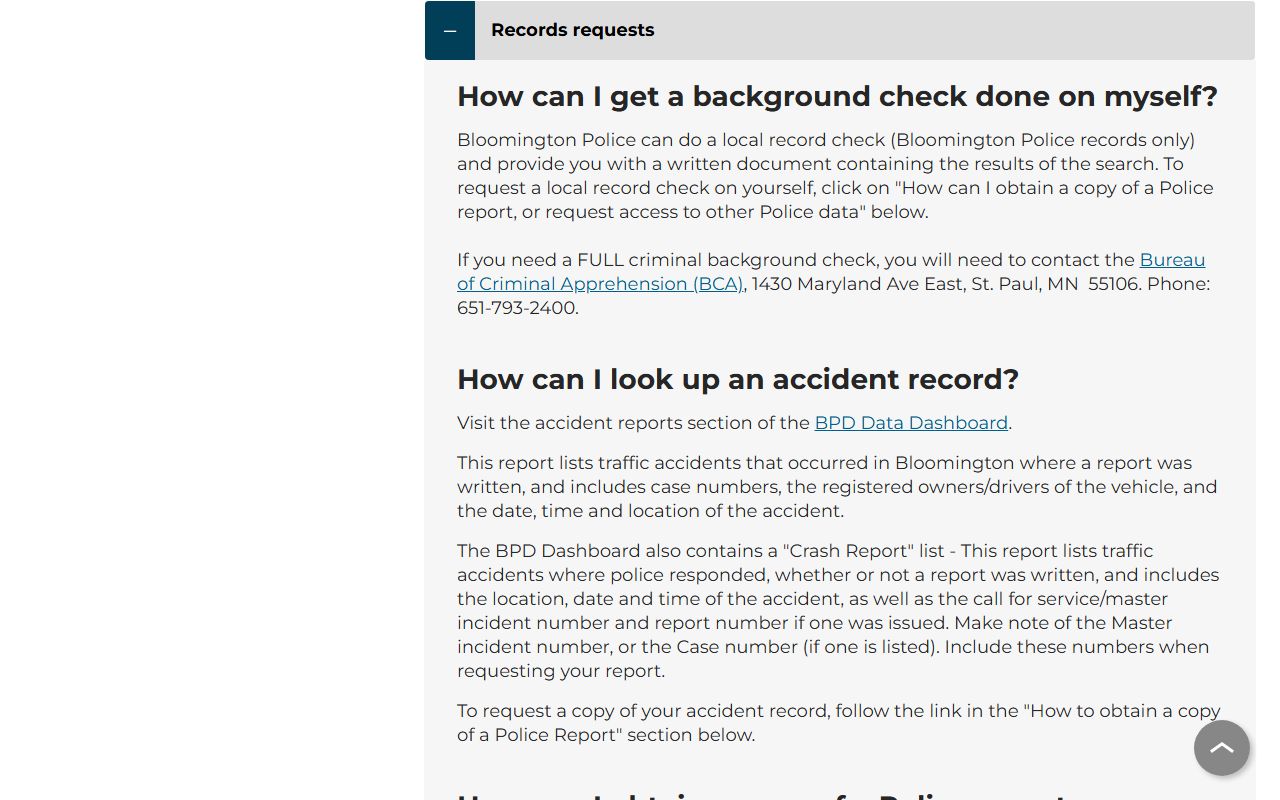Bloomington Police Department records request page