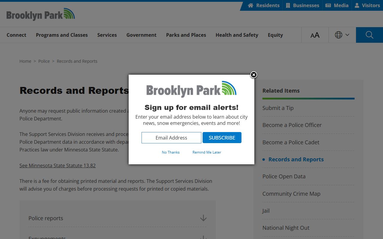 Brooklyn Park Police Department records request page