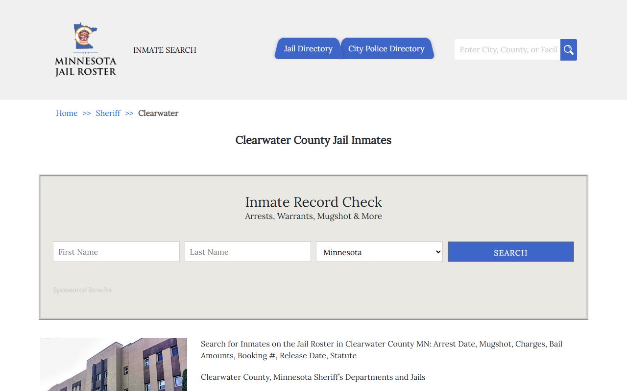 Clearwater County jail roster inmate criminal records booking database
