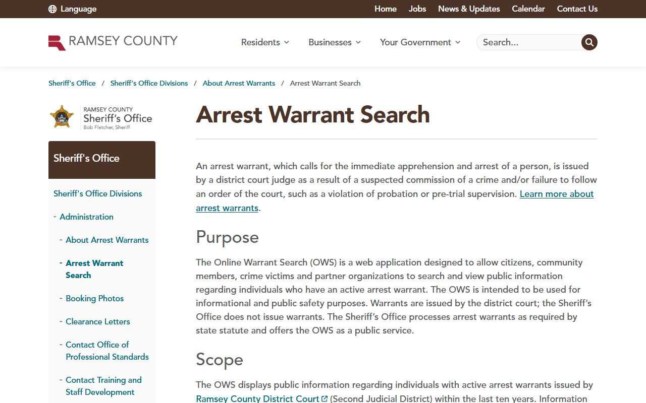 Hennepin County Sheriff jail and warrants search page for criminal records