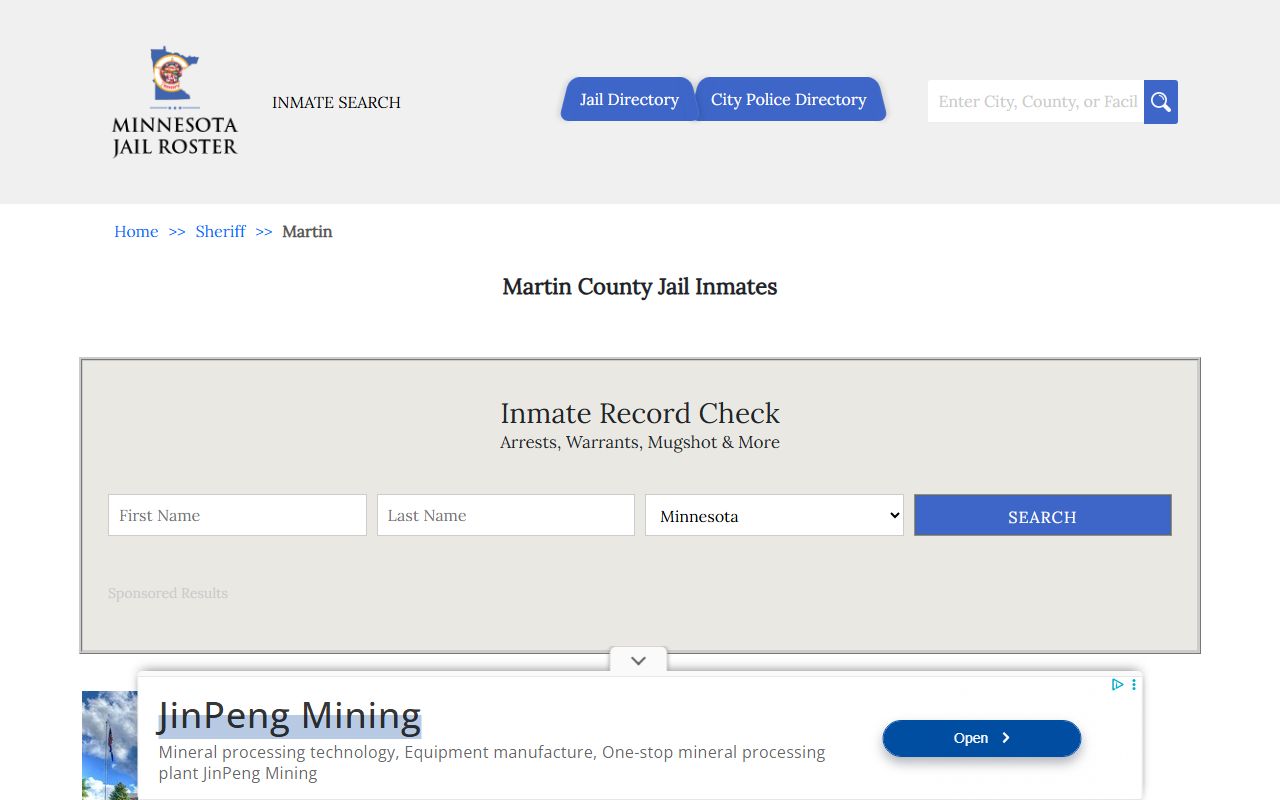 Martin County jail roster page for current inmate and booking information