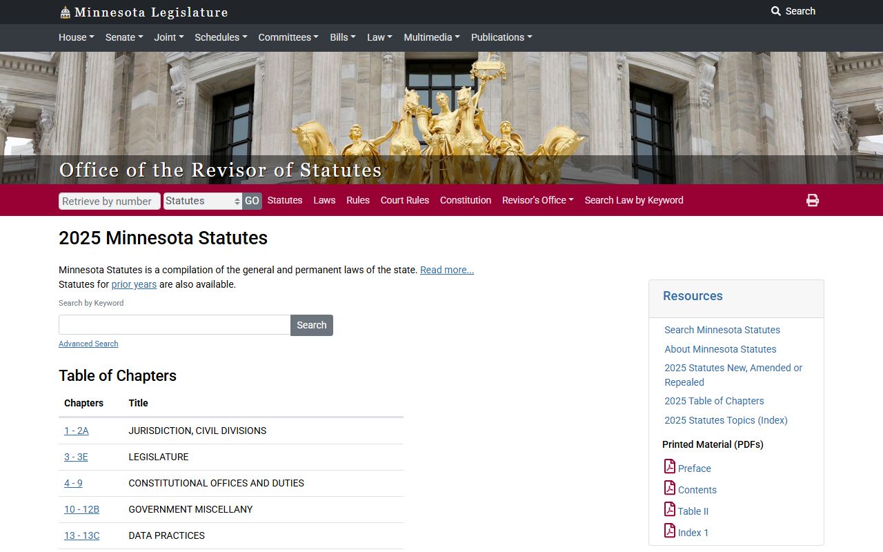 Minnesota Revisor of Statutes website showing laws governing criminal records access in Nobles County