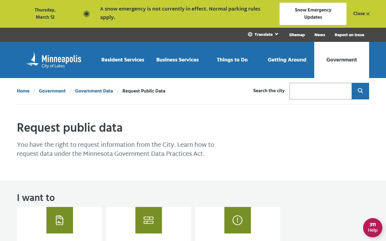 Minneapolis government data practices and public records request page