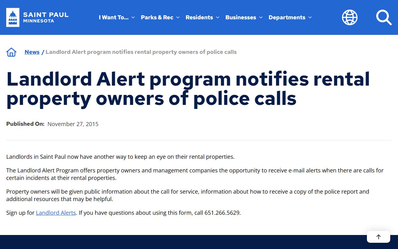 St. Paul Police Landlord Alert Program page