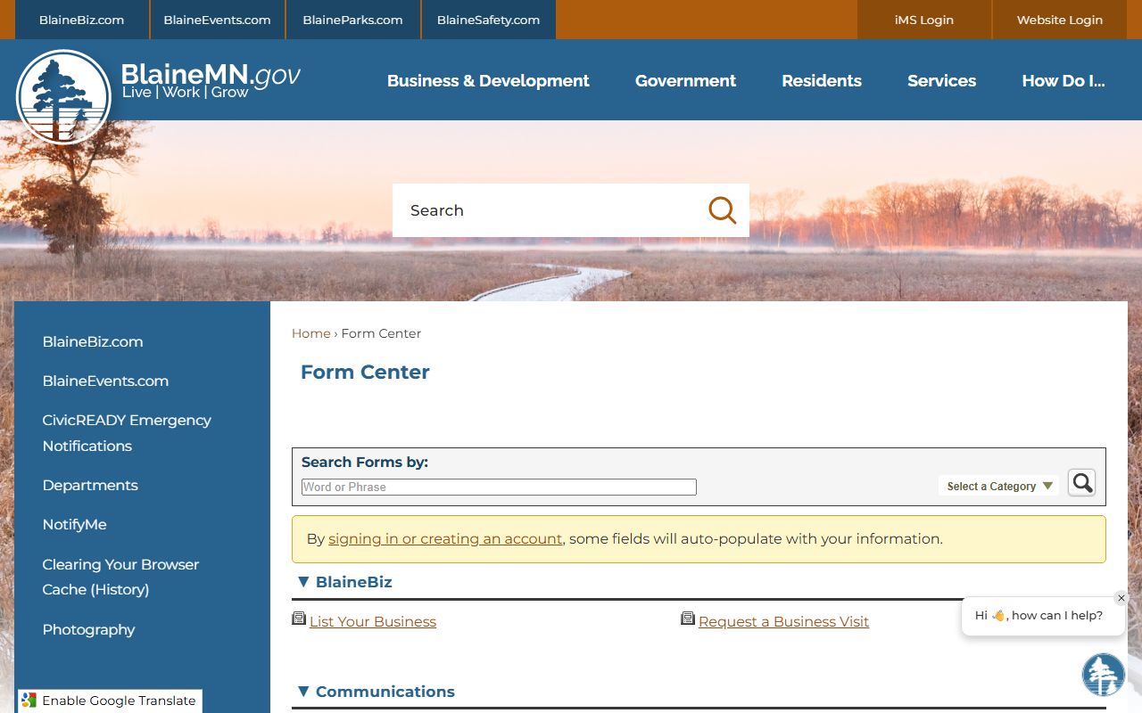 City of Blaine Forms Center page