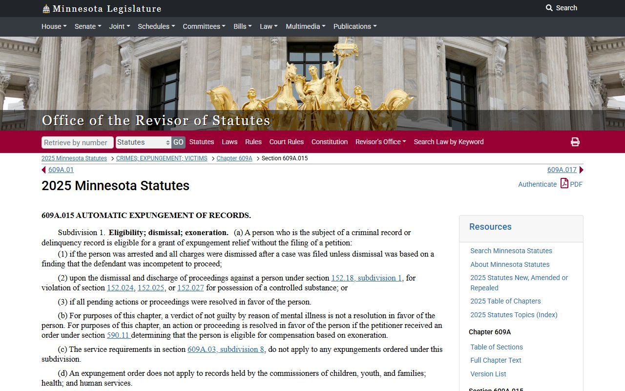 Minnesota automatic expungement statute 609A.015 criminal records